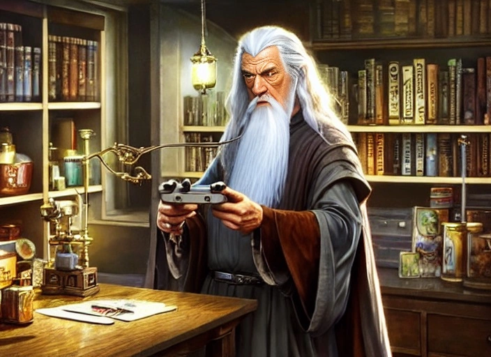 01513-1325962227-gandalf playing on a gameboy, epic laboratory office, shelves with detailed items in background, ((long shot)), highly detailed.webp